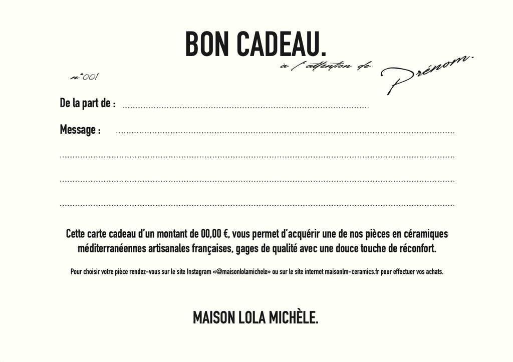 carte cadeau, offrir, homme, femme, chérie, chérie, atelier créatif, pièces, céramiques, poterie, maison lola michele