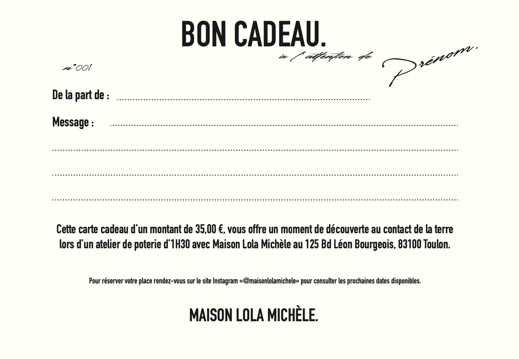 carte cadeau, offrir, homme, femme, chérie, chérie, atelier créatif, pièces, céramiques, poterie, maison lola michele